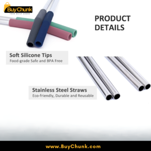 Reusable stainless steel straw used with iced coffee and fresh juice drinks.