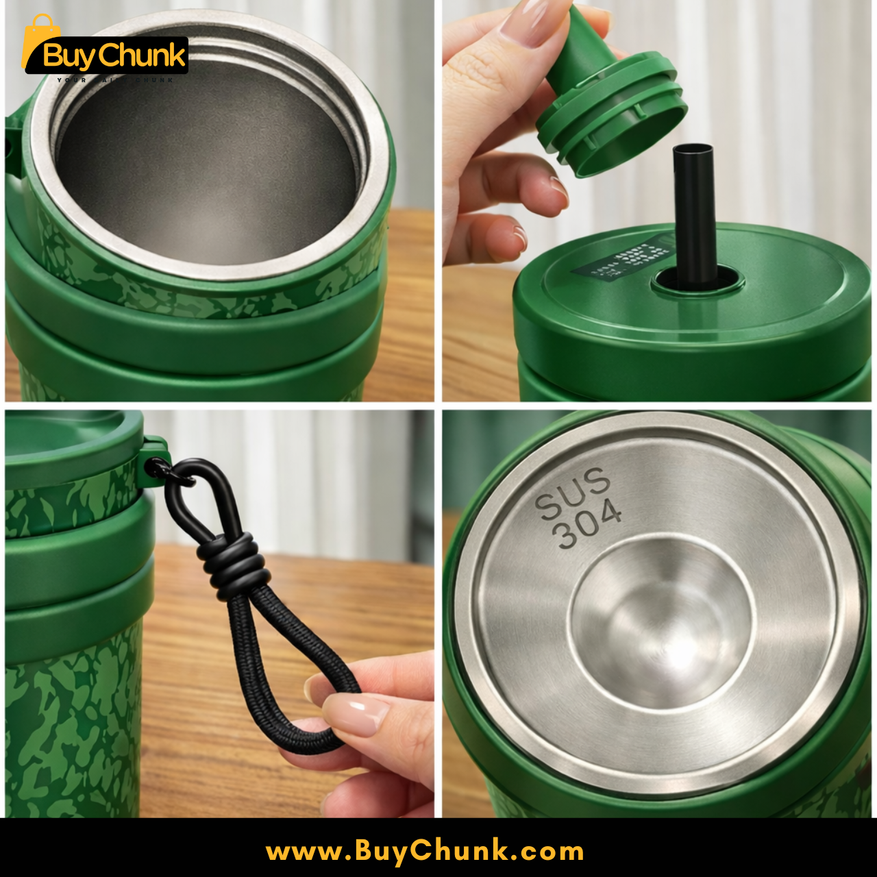 Forest Green Tumbler with Anti-Slip Strap Handle | Leakproof 700ML Insulated Cup with Straw 3 Tumbler placed on office desk for daily hydration during work hours.
