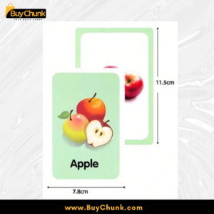 Teacher using fruit vocabulary learning cards for kids in classroom activity