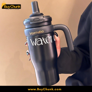 Home 114 Sleek black stainless steel travel tumbler for hot and cold drinks.