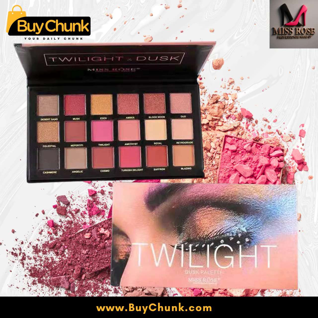 Miss Rose Twilight 18 Color Eye Shadow Palette | Long-Lasting | Waterproof | Matte and Shimmery