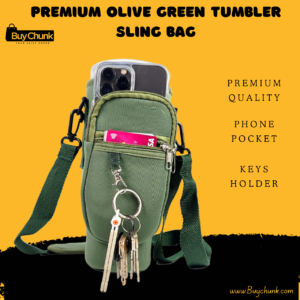 Front view of olive green sling tumbler bag showing design and strap.