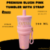 Front view of blush pink tumbler with anti-slip strap handle for carry