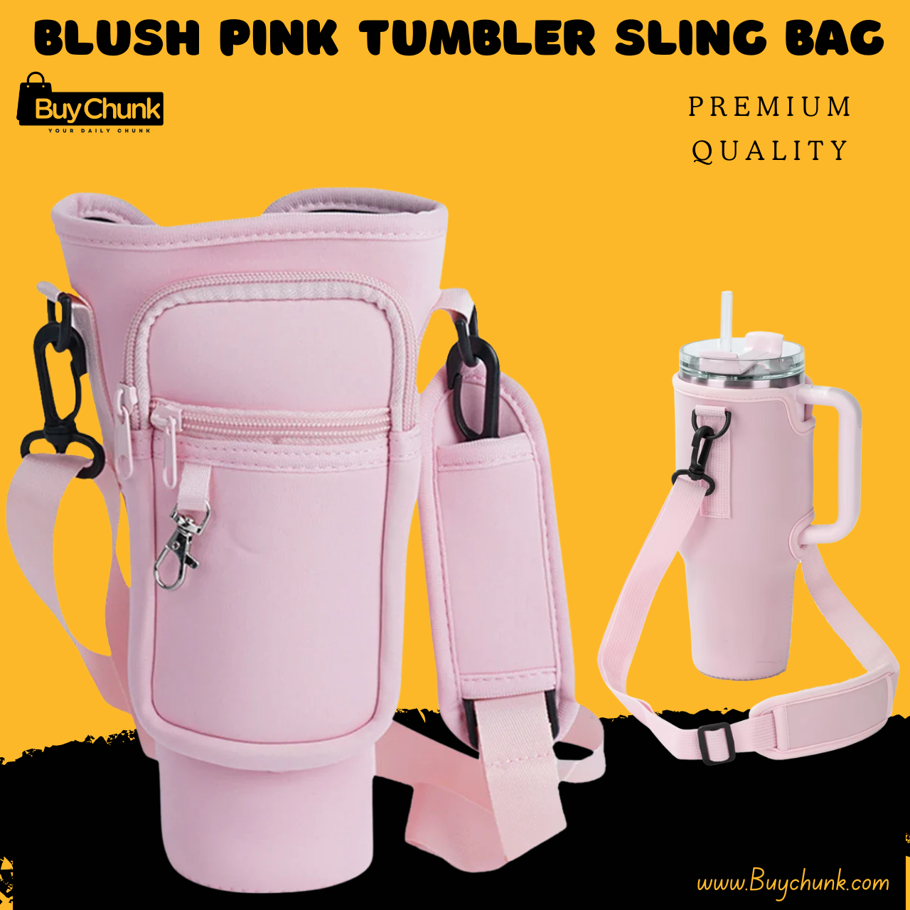 Premium Blush Pink Sling Tumbler Bag | Cup Holder Crossbody with Phone Pocket | Crossbody Cup Holder with Adjustable Strap 1 Front view of premium blush pink sling tumbler bag for women