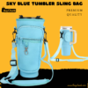 Stylish sky blue sling tumbler bag front view with adjustable strap.