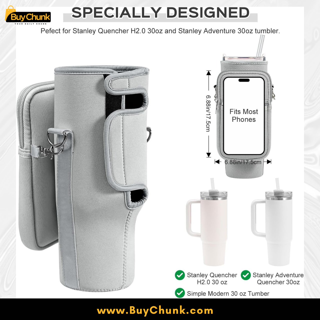 Premium Grey Sling Tumbler Bag | Cup Holder Crossbody with Phone Pocket | Crossbody Cup Holder with Adjustable Strap 2 Side view showing adjustable strap of grey tumbler sling bag