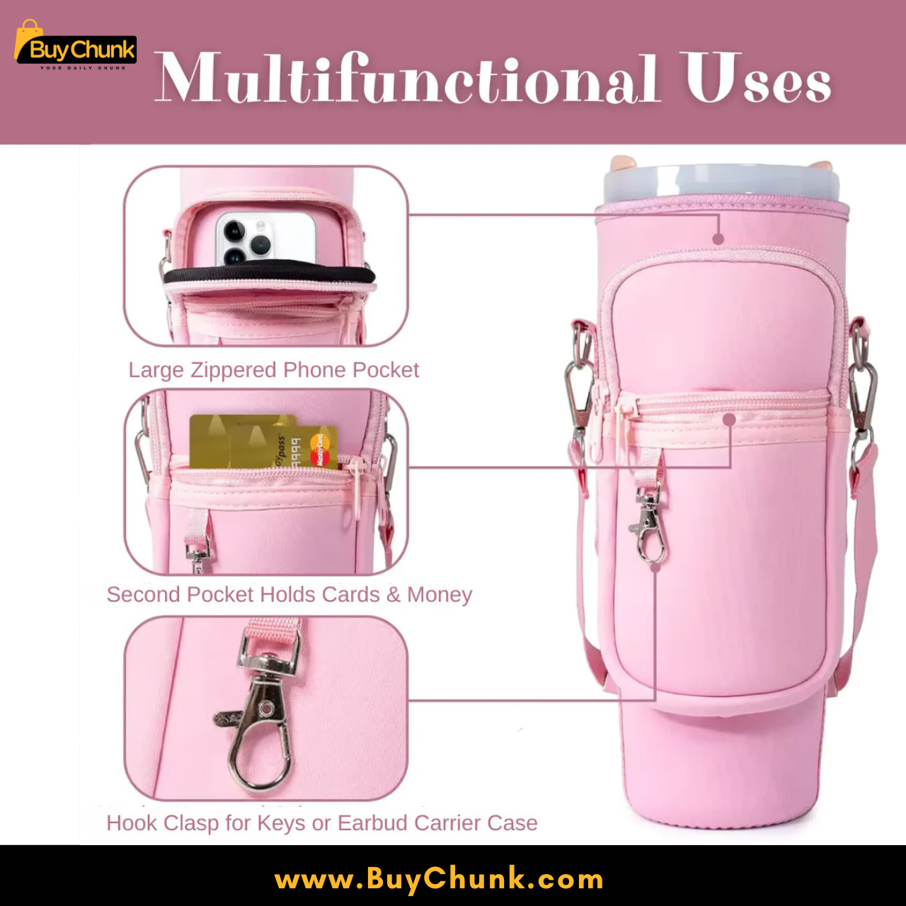 Premium Blush Pink Sling Tumbler Bag | Cup Holder Crossbody with Phone Pocket | Crossbody Cup Holder with Adjustable Strap 3 Open-top view showing interior lining and secure fit
