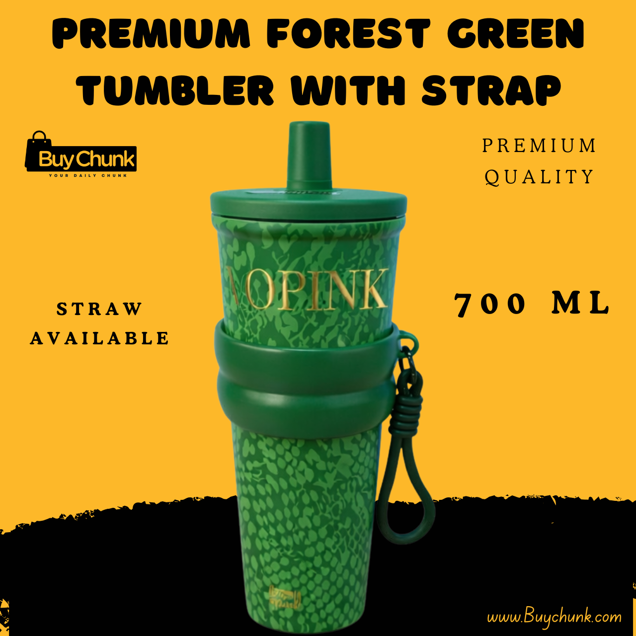 Forest Green Tumbler with Anti-Slip Strap Handle | Leakproof 700ML Insulated Cup with Straw 1 Forest green tumbler with anti-slip strap handle shown from the front view.