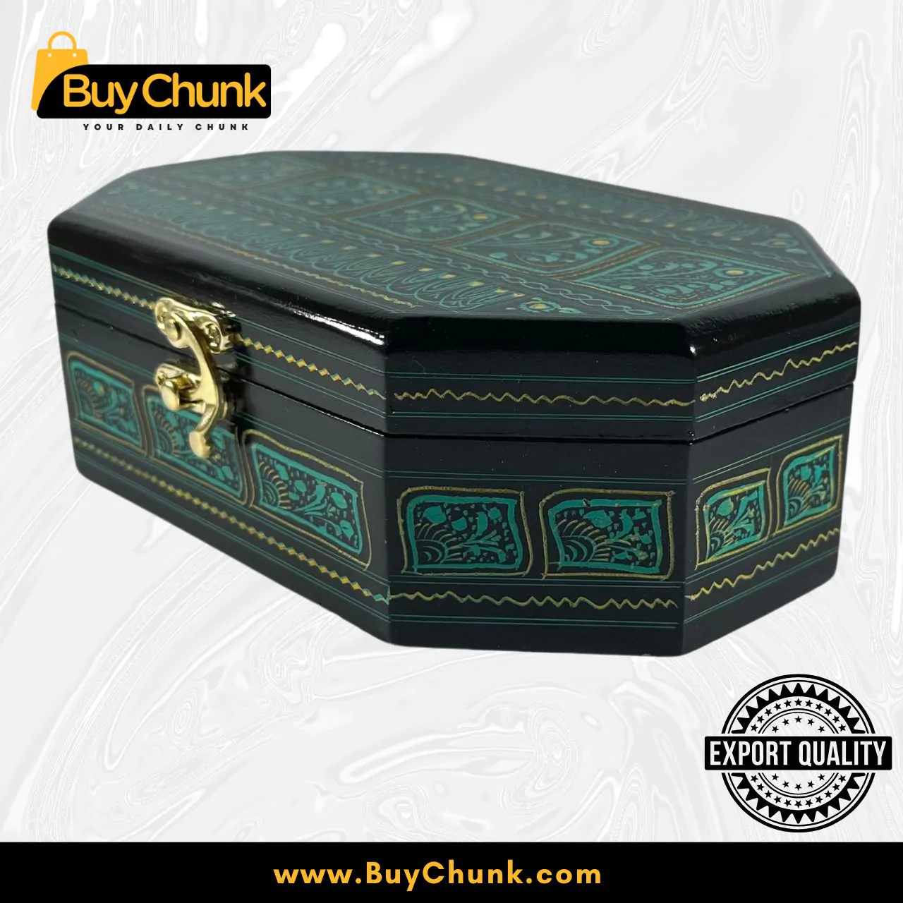 Dazzling 8-Side Rose Wood Handmade Lacquer Art Jewelry Green | Size 8″ x 5″ | Artisan Ethnic Decor Accent