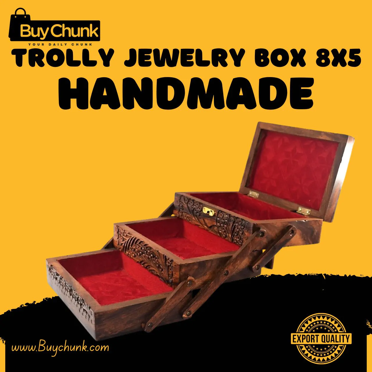 Spacious Handmade Rose Wood Trolly Jewelry Box | Intricate Floral Multi-Tiered Organizer | Artisan Crafted 8″ x 5″ Treasure Chest | Unique Dressing Table Statement”