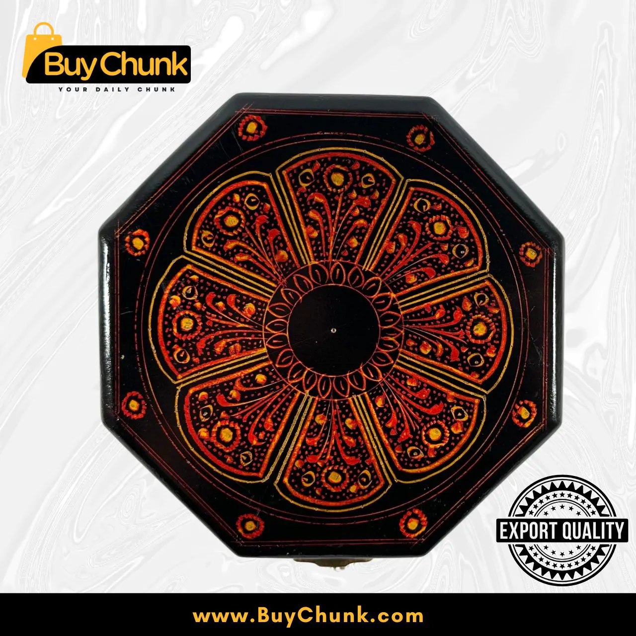 Vibrant Octagon Shape Handmade Lacquer Art Jewelry Box Crimson Radial Bloom | Exquisite Red Keepsake Box | Size 5 X 