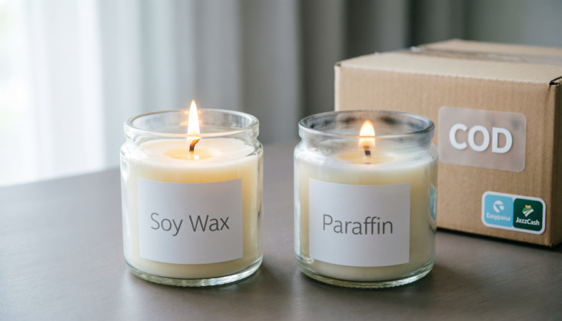 “soy wax vs paraffin clean candle claims in Pakistan”