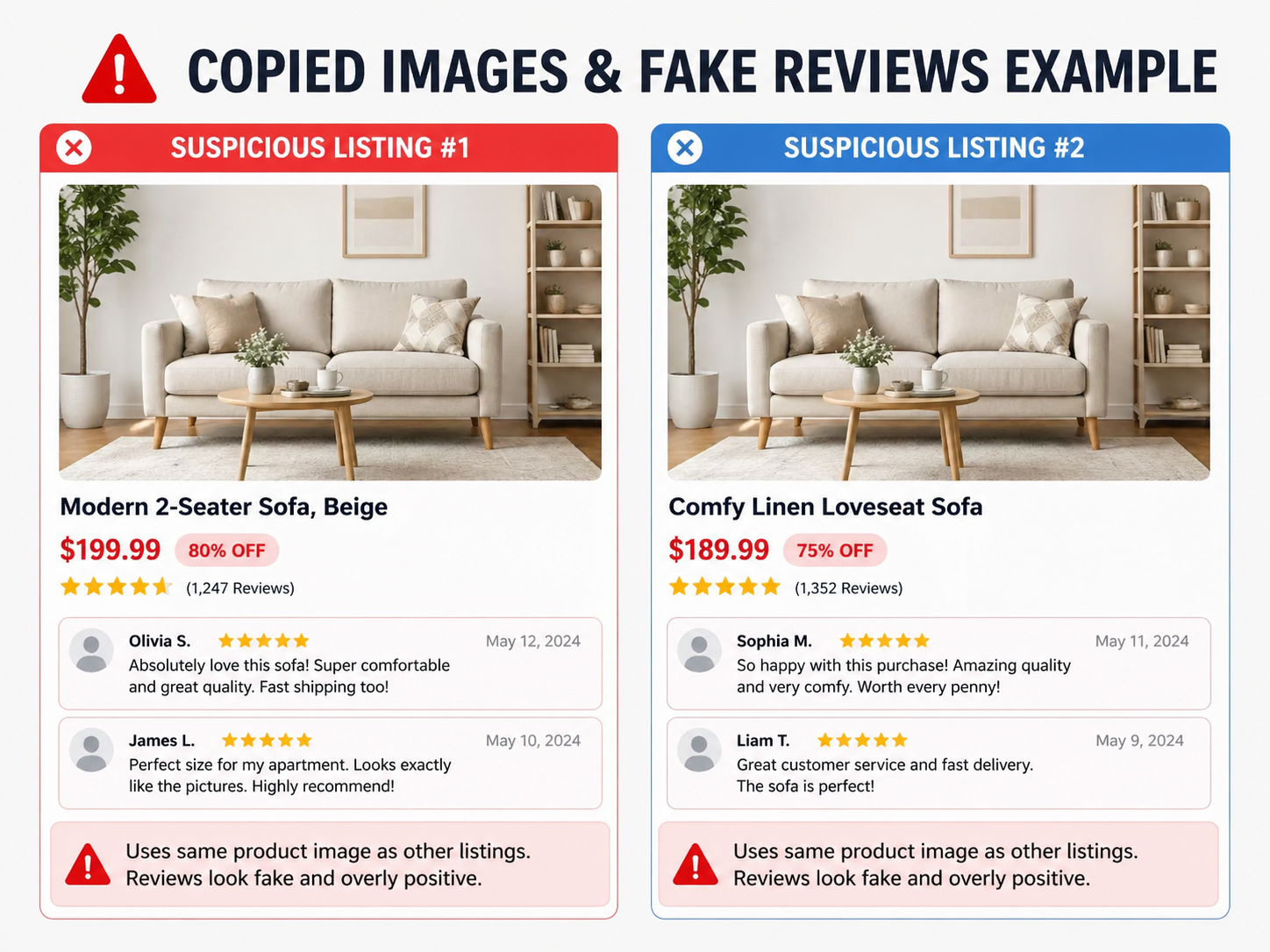 too cheap red flags copied images and fake reviews