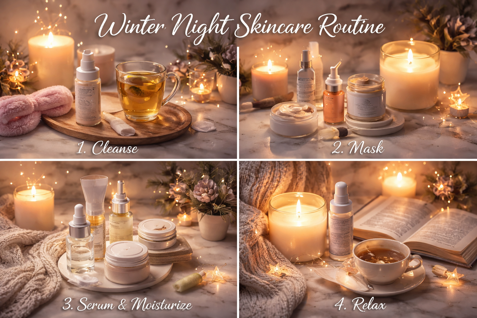Winter self-care shopping routine with skincare steps and candle