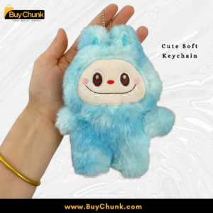 Labubu blue plush keychain attached to backpack zipper for daily use.