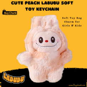 Front view of Labubu Peach plush bag charm soft toy keychain.