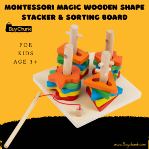 Front view of Montessori wooden shape columns set with colourful pieces