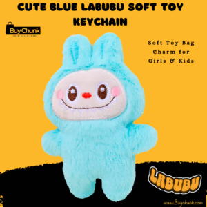 Labubu blue plush bag charm keychain shown from front, soft and cute.