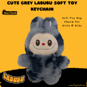 Labubu grey plush bag charm keychain shown from front, soft and fluffy