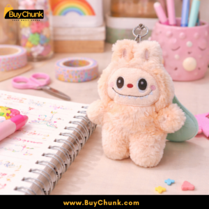 Labubu Peach plush charm attached to handbag handle for cute styling.