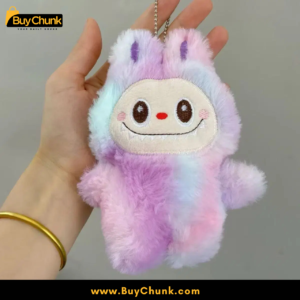 Close-up of Labubu pastel pink plush texture and stitching detail.