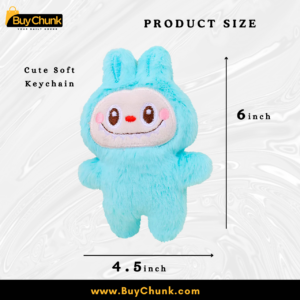 Close-up of Labubu blue plush texture showing soft fabric and stitching detail.