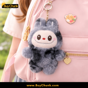 Close-up of Labubu grey plush texture highlighting soft fabric finish