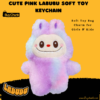 Labubu pastel pink plush bag charm keychain front view, soft and cute.