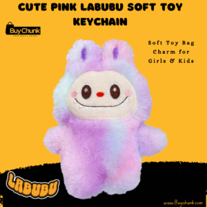 Labubu pastel pink plush bag charm keychain front view, soft and cute.