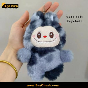 Labubu grey plush charm attached to keys for easy identification