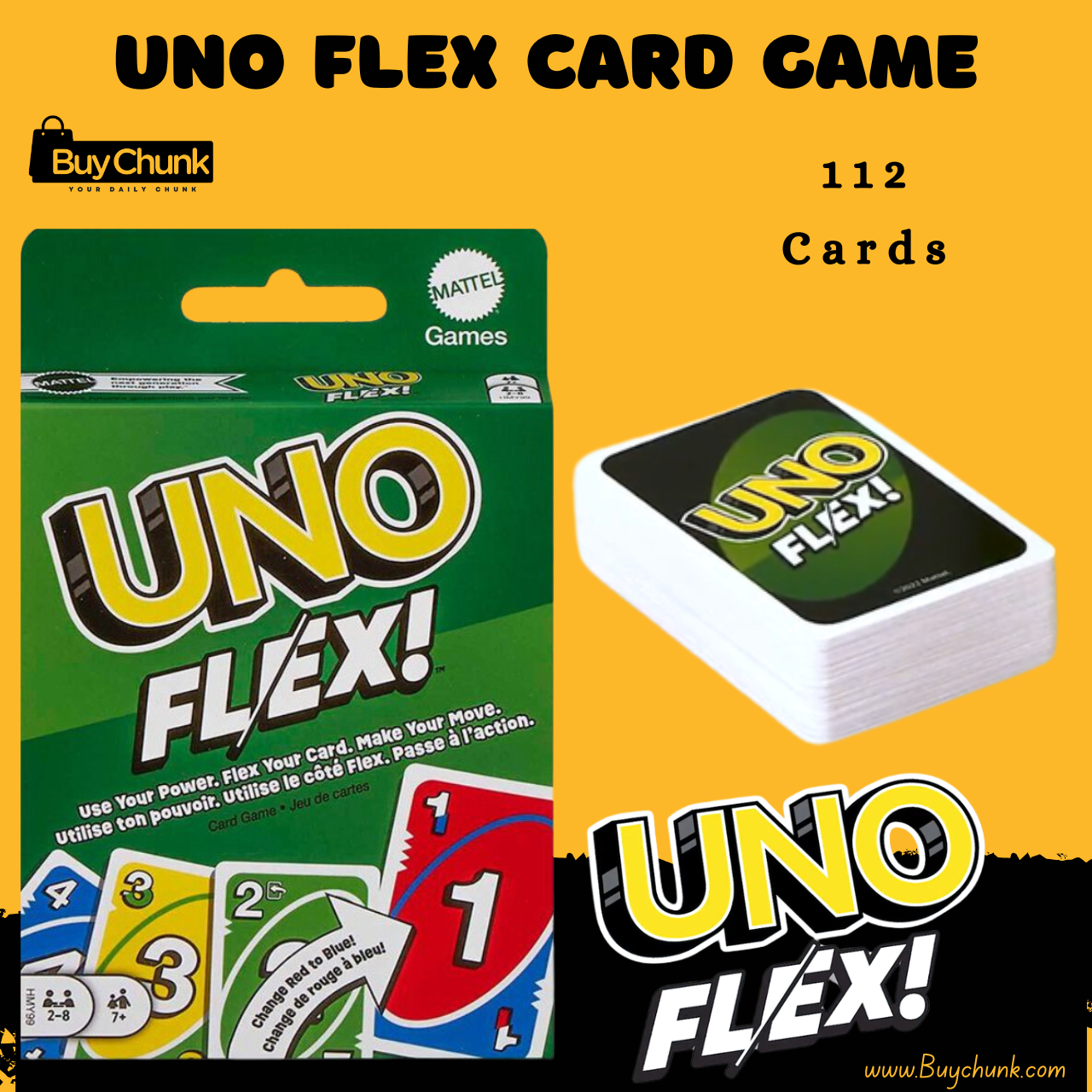UNO Flex Card Game 112 Playing Cards | Imported Quality | Fast Paced Family Fun Game for Kids & Adults 1 UNO Flex Card Game 112 Playing Cards box shown on table