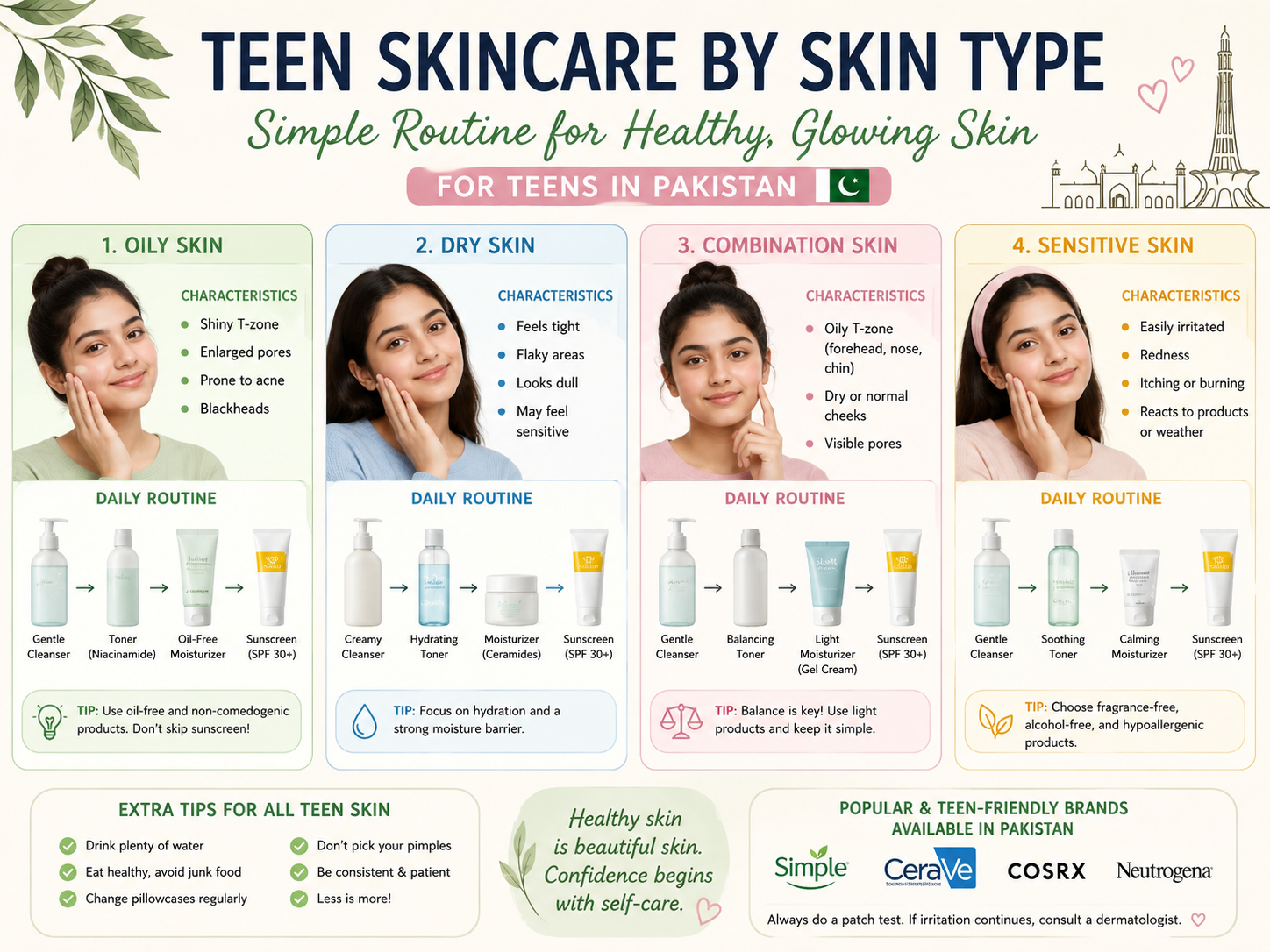 Teen skincare routine in Pakistan for oily dry combination skin