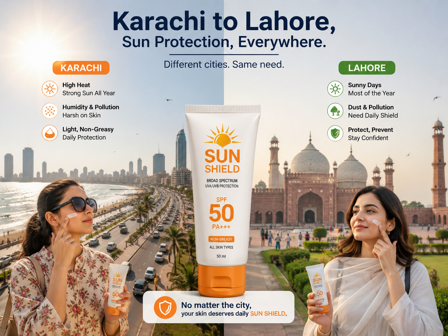 Sunscreen routine example for Karachi and Lahore users