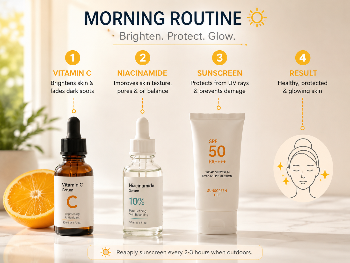 Morning routine layering Vitamin C and niacinamide with sunscreen Pakistan