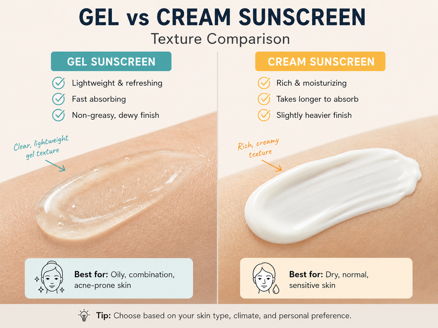 Gel vs cream comparison in Sunscreen 2026 Pakistan Guide
