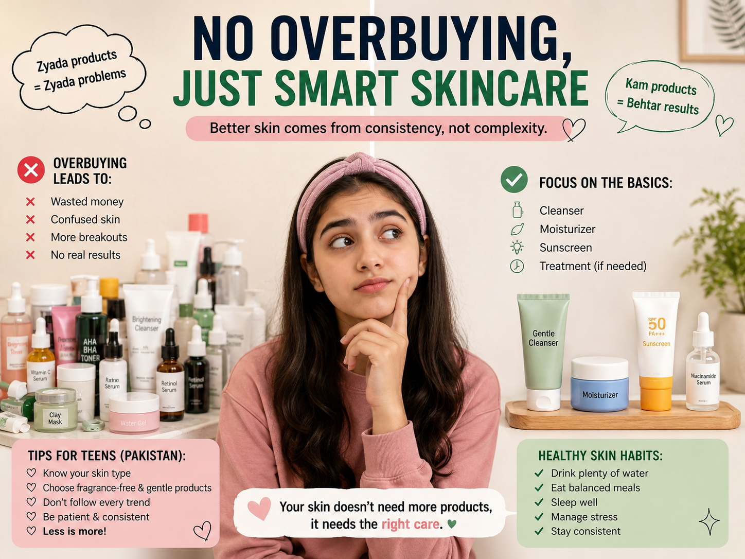 Teen skincare routine in Pakistan no over buying avoid too many actives