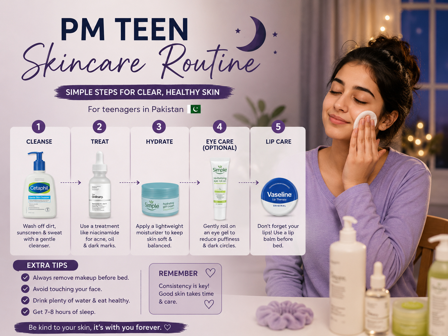 Teen skincare routine in Pakistan night routine cleanser moisturizer