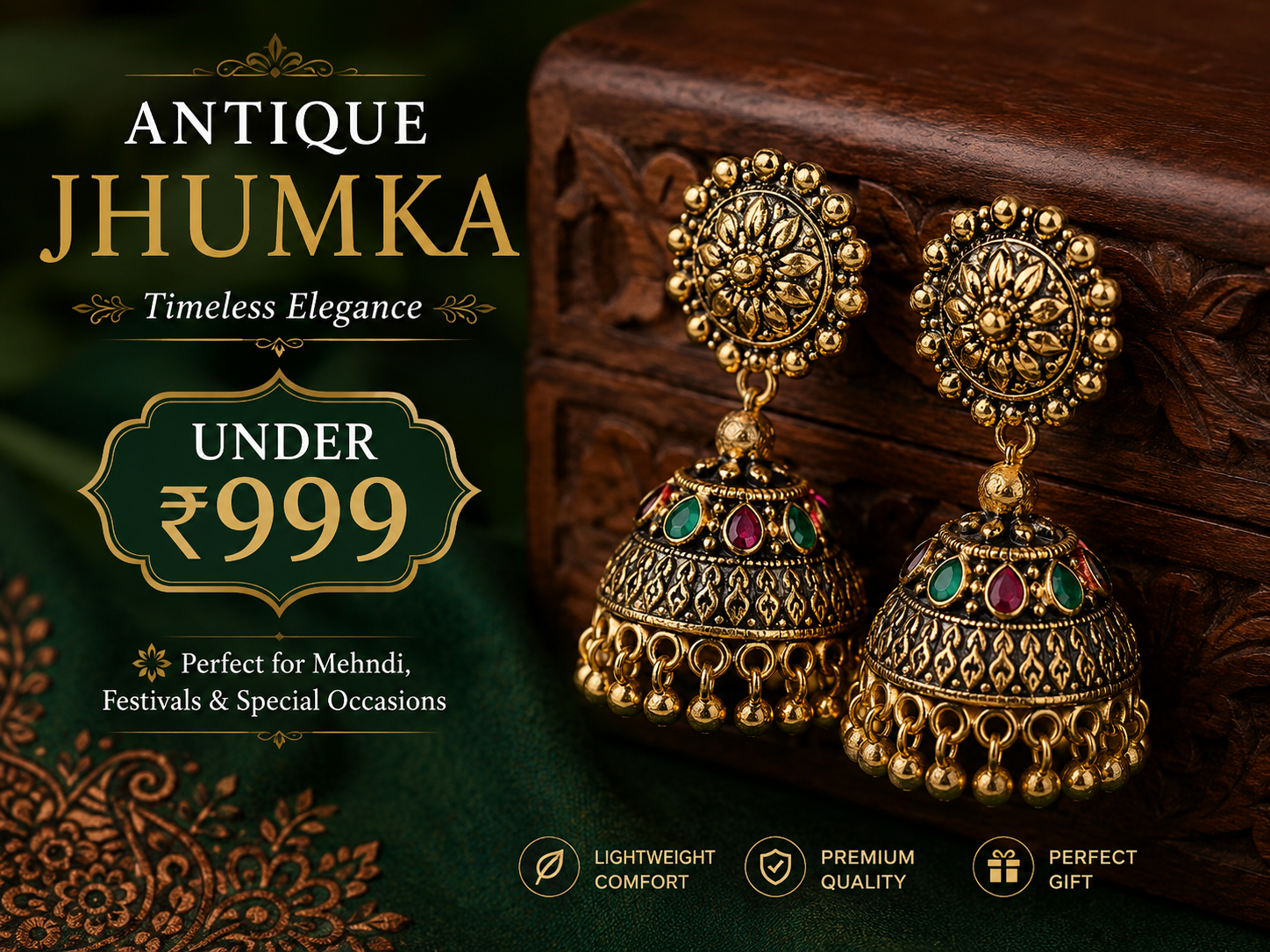 Artificial jewelry under Rs 999 antique jhumkas for mehndi