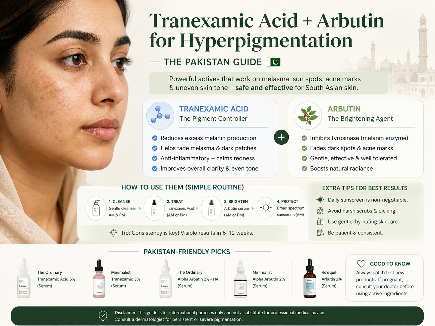 AM and PM routine using tranexamic acid and arbutin for hyperpigmentation