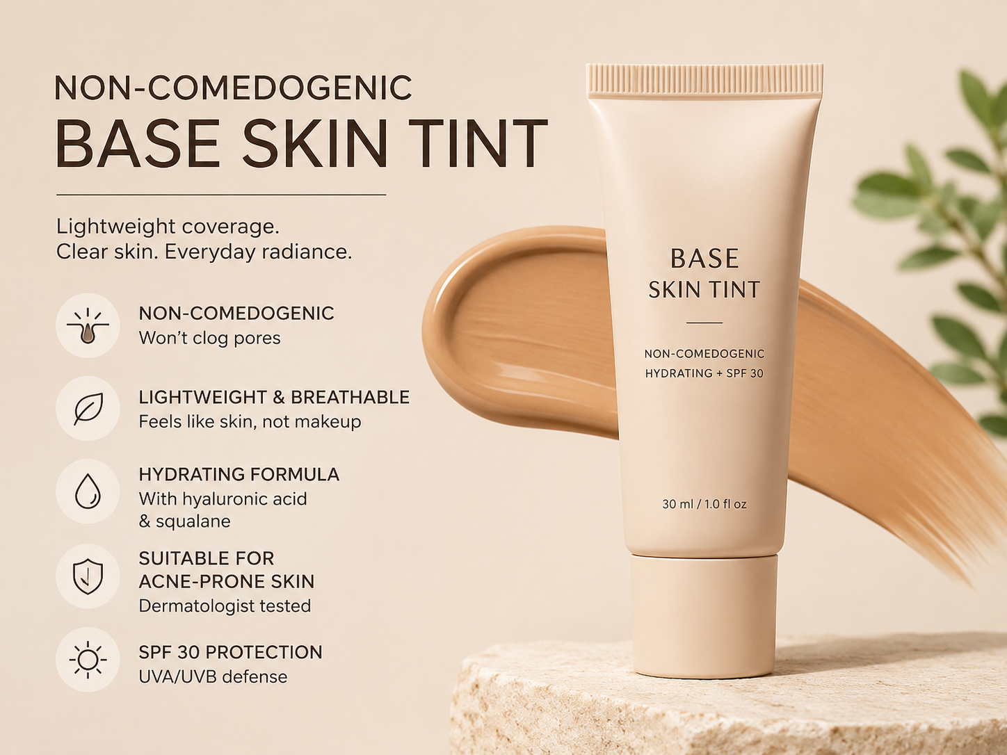 Acne-safe makeup base using non-comedogenic skin tint