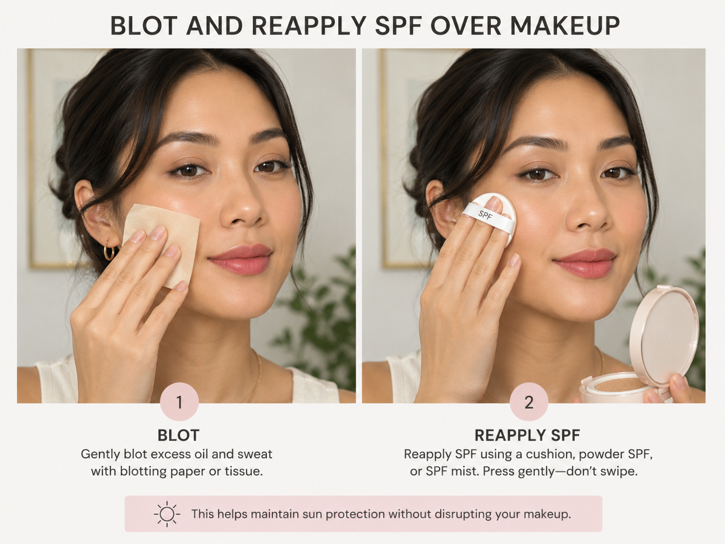 Sweat-proof makeup in Pakistan touch-up steps with blotting and SPF reapply
