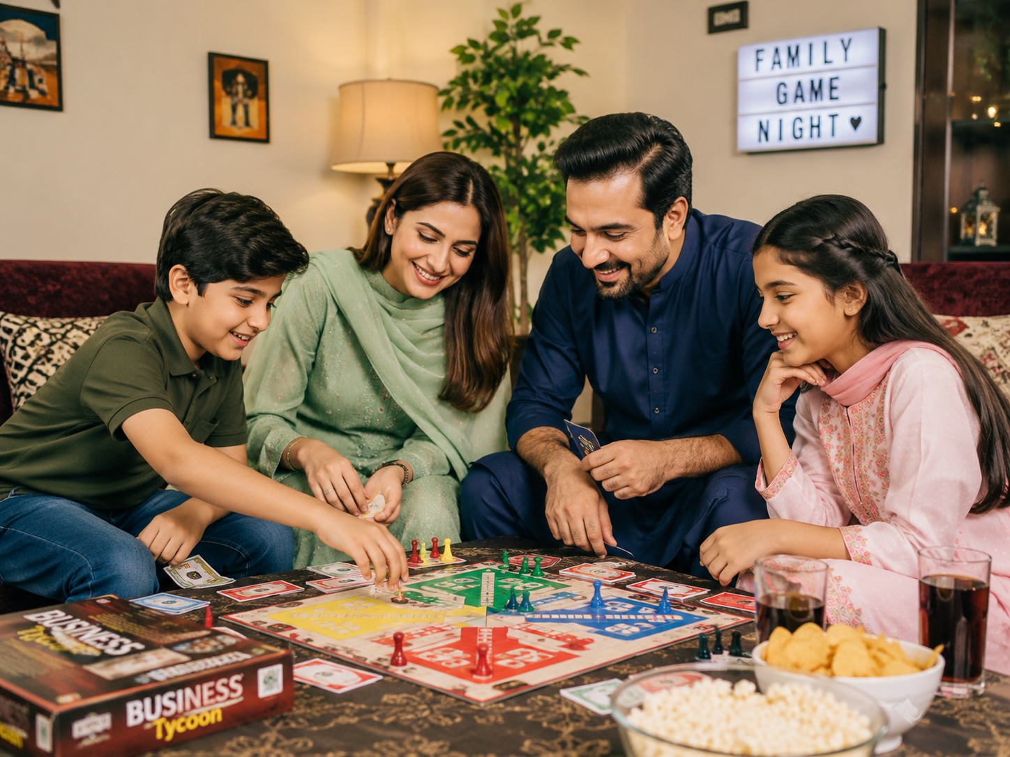 Pakistani family enjoying screen-free family fun at home