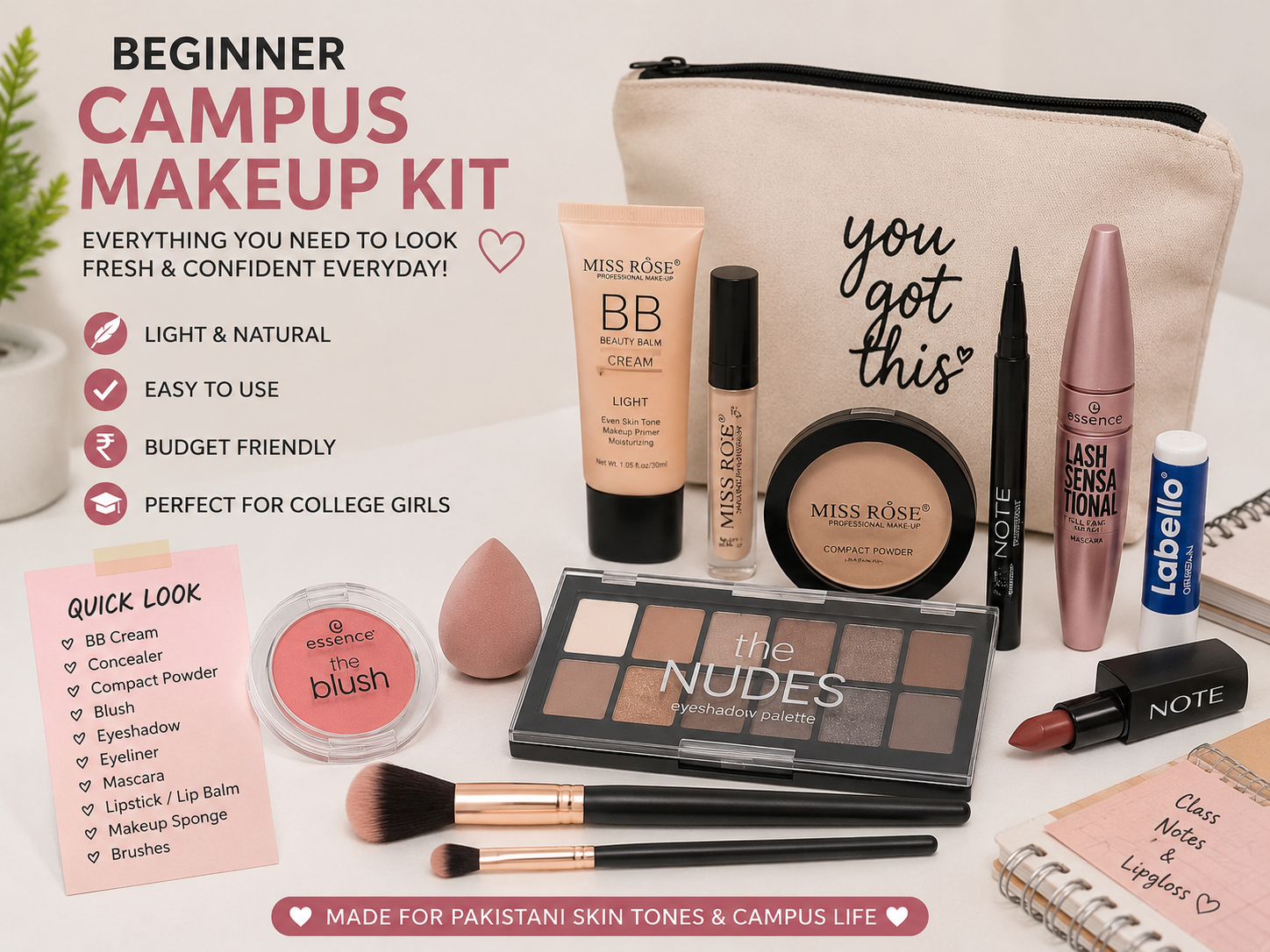 beginner kit for 5-minute ready for campus makeup routine