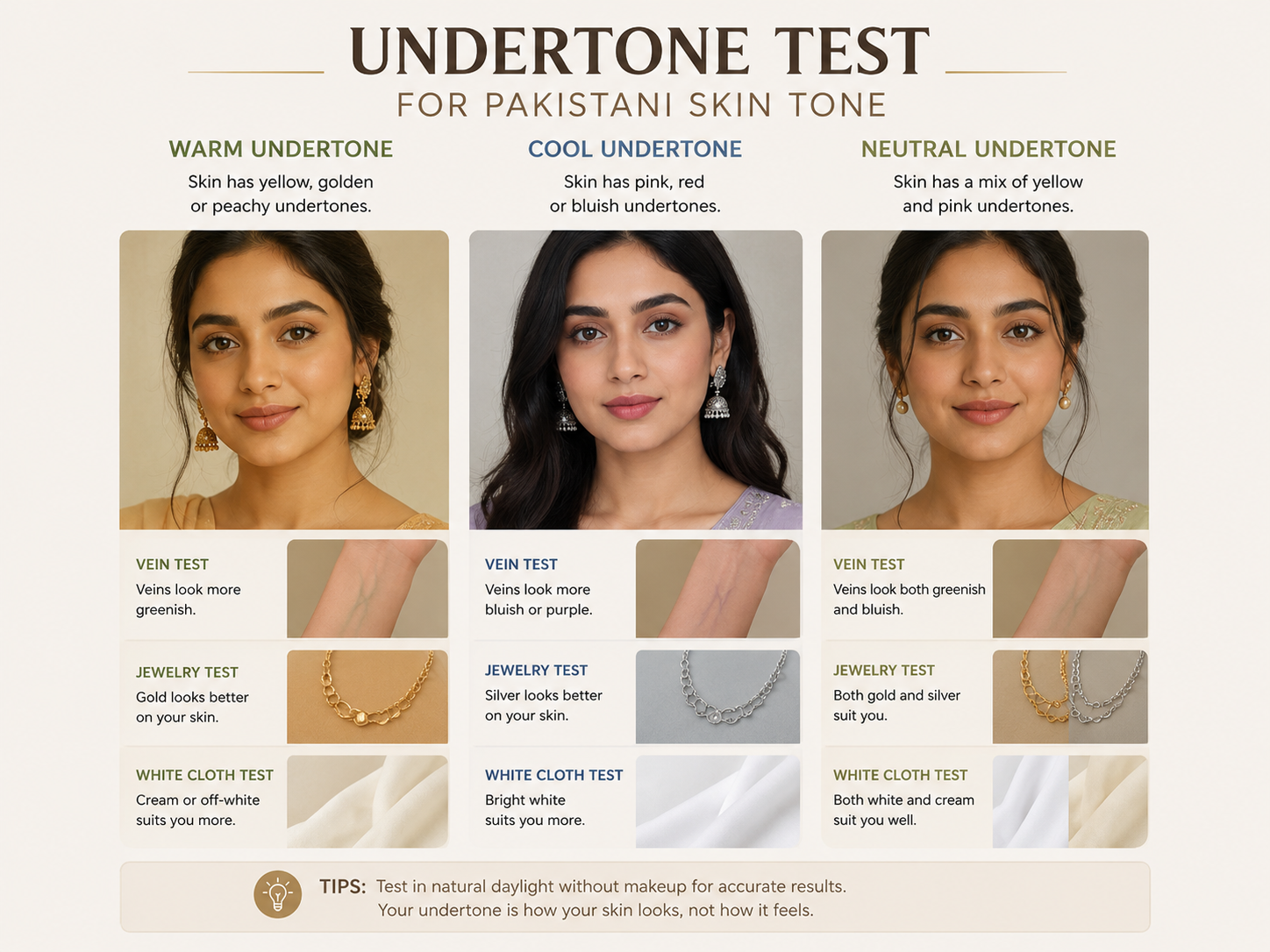 undertone test for products for Pakistani skin tone in daylight