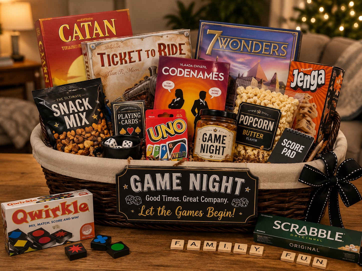 How to Start a Weekly Family Game Night: Simple System 3 weekly family game night basket with cards dice and puzzles