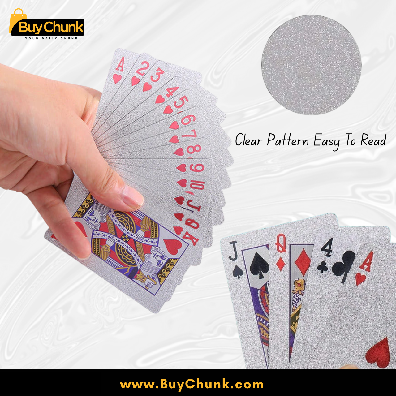 Imported Silver Dollar Playing Cards Premium Quality – Waterproof Deck | Durable Shiny Cards for Family Fun in Pakistan 2 Close-up texture of Imported Silver Dollar Playing Cards showing smooth metallic surface