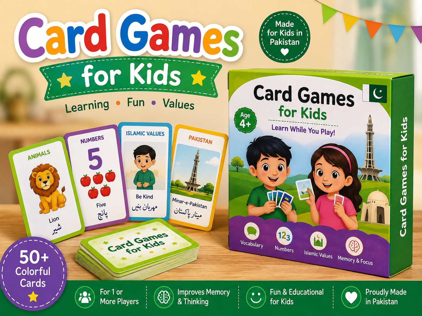 Kids enjoying screen-free family fun with card games in Pakistan