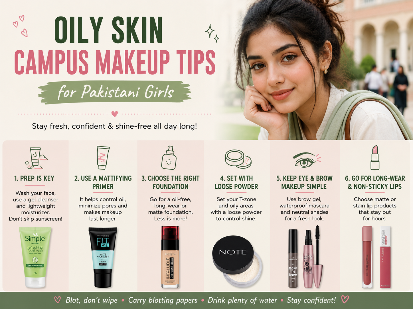oily skin tips for 5-minute ready for campus makeup routine in Pakistan