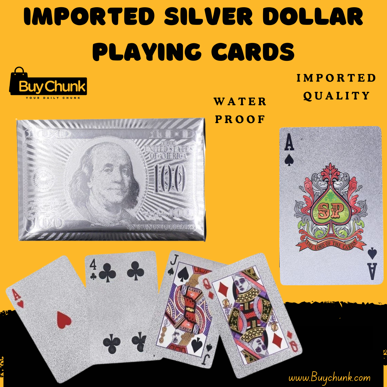 Imported Silver Dollar Playing Cards Premium Quality – Waterproof Deck | Durable Shiny Cards for Family Fun in Pakistan 1 Imported Silver Dollar Playing Cards with shiny waterproof box and premium silver finish