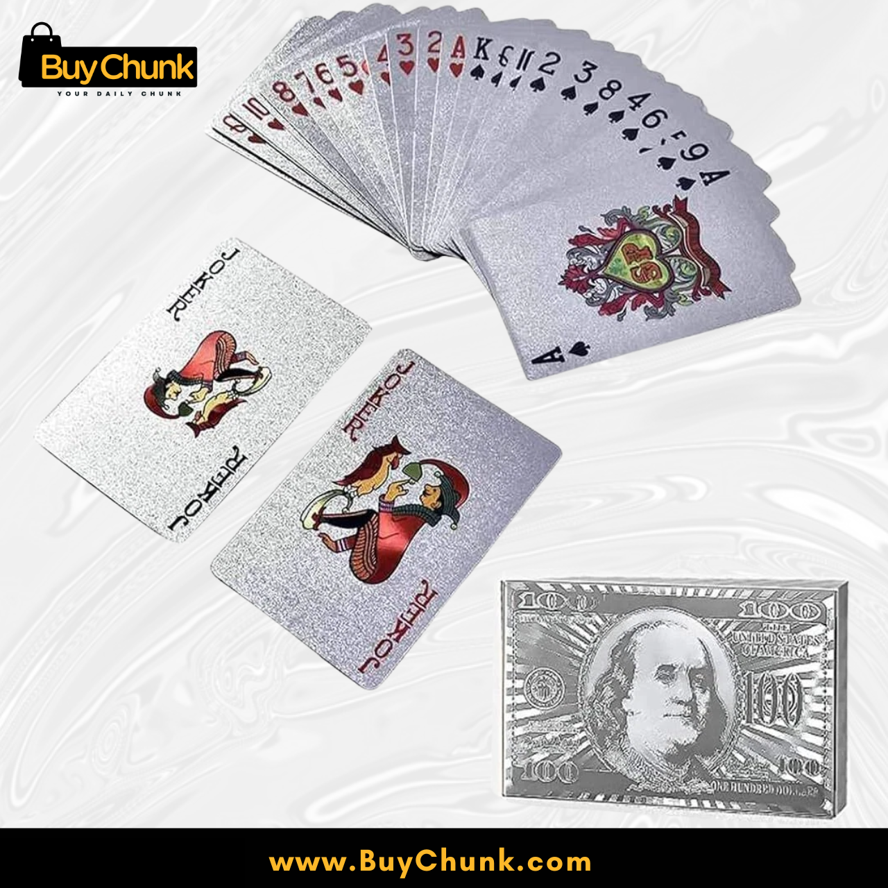 Imported Silver Dollar Playing Cards Premium Quality – Waterproof Deck | Durable Shiny Cards for Family Fun in Pakistan 5 Silver playing cards spread on table for poker, rummy and party games